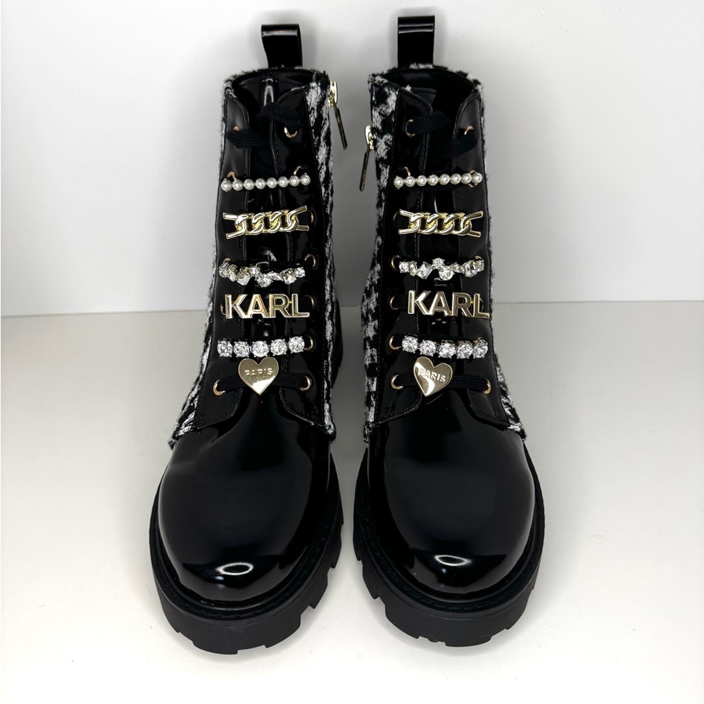 New Karl Lagerfeld Mela Tweed Black/White Combat Boots - Picture 12 of 12